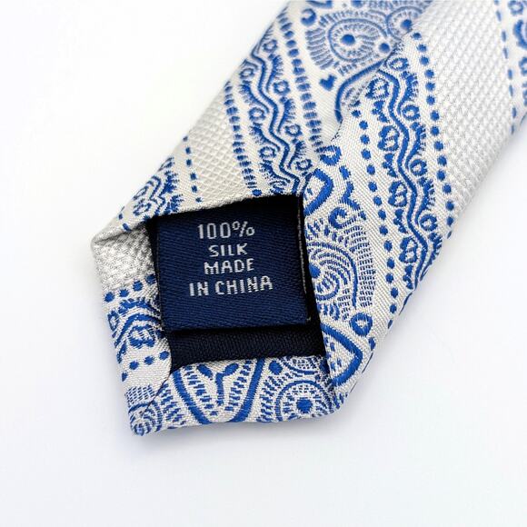 Paul Fredrick Silk Tie Paisley Geometric Stripe Textured Traditional Ivory Blue - Picture 6 of 8